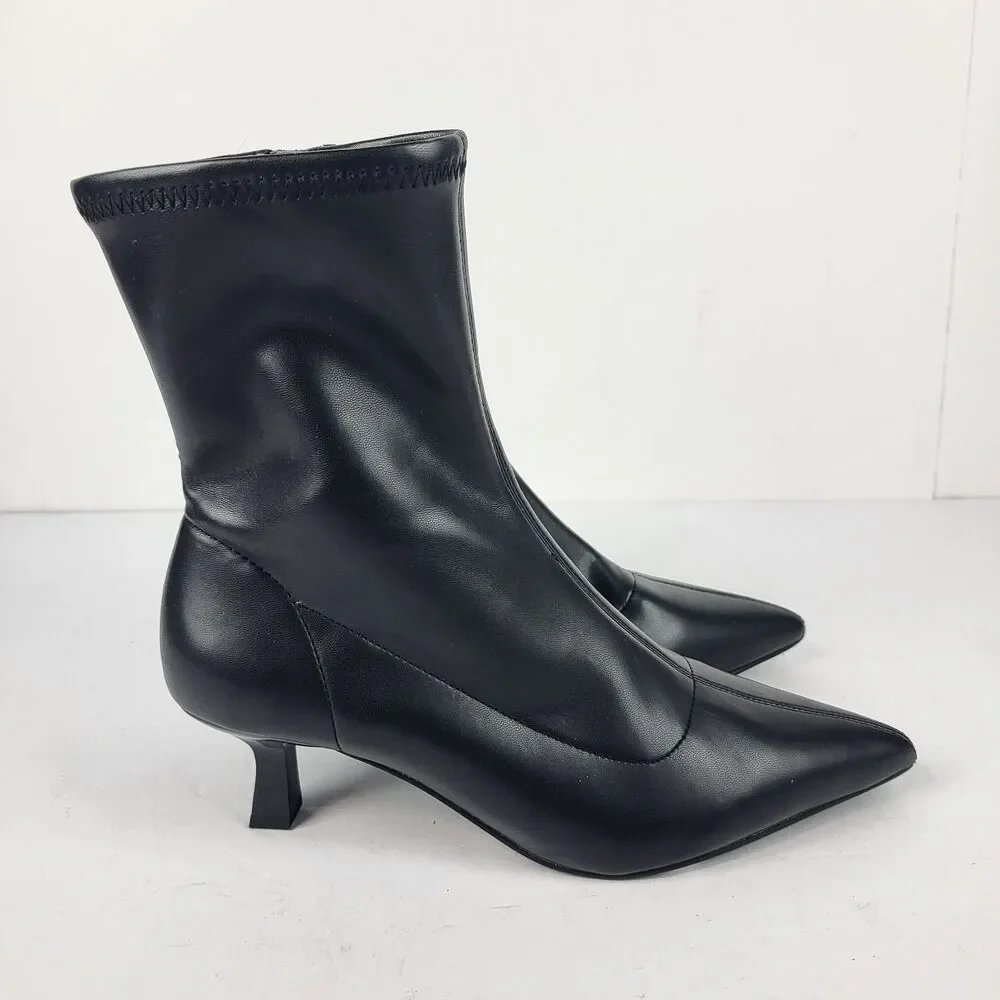 Abound Erinn Black Pointed Toe Ankle Sock Boots faux leather kitten heel Size 7M